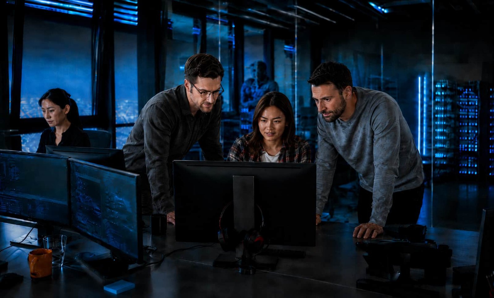 The WEBDEV team collaborating at a laptop